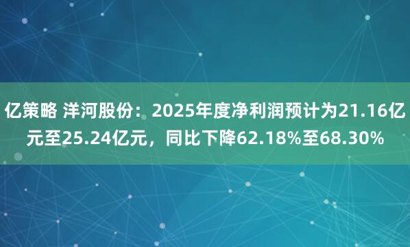 亿策略 洋河股份：2025年度净利润预计为21.16亿元至25.24亿元，同比下降62.18%至68.30%